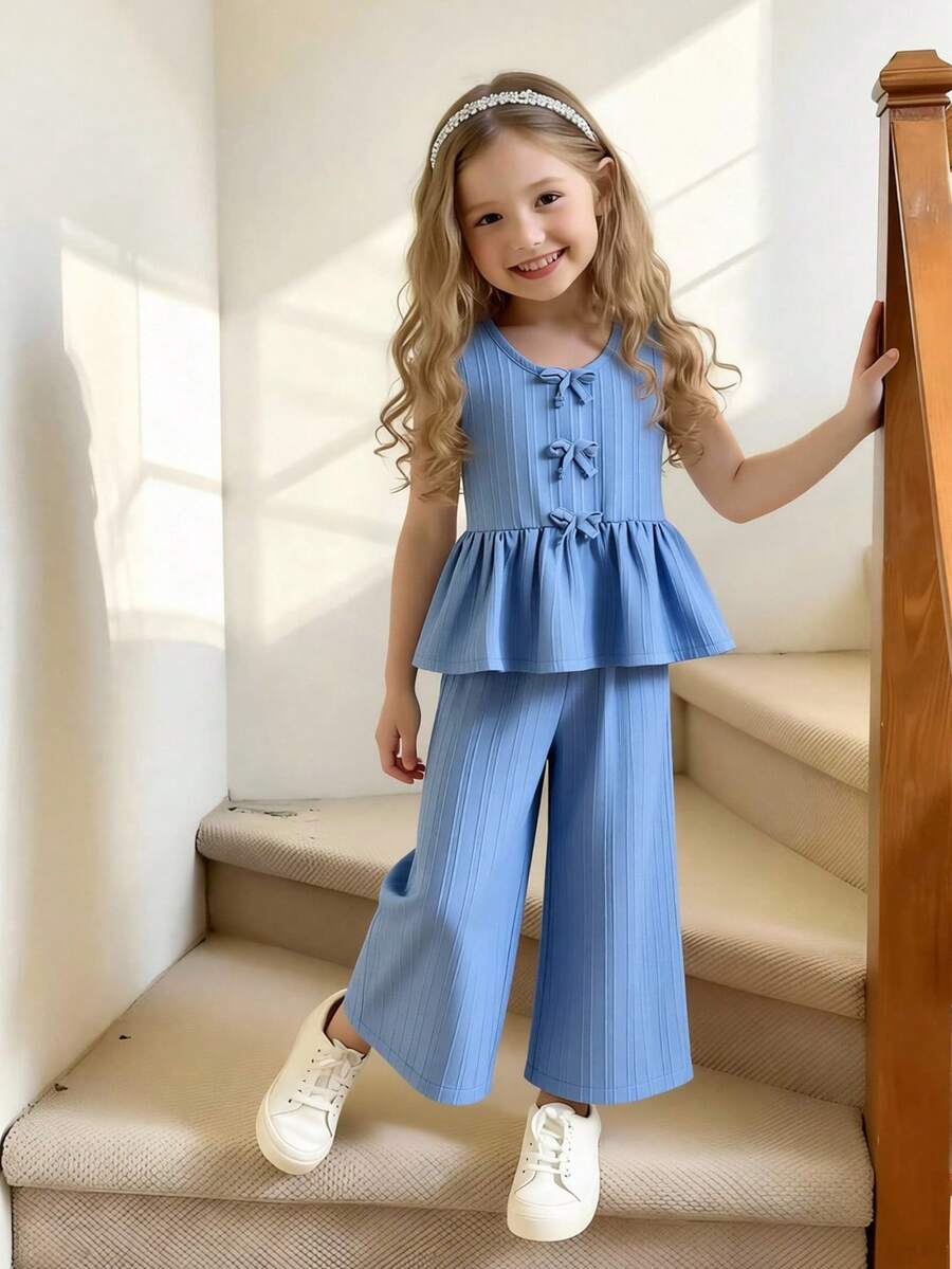 SHEIN Girls (Small) Bow Striped Print Top & Printed Casual Pants Set, Suitable For Summer - Blue - View 1