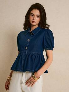 Poéselle Áo kiểu denim tay cánh hoa dáng rộng thoải mái cho nữ mùa hè - màu đen - Xem 3