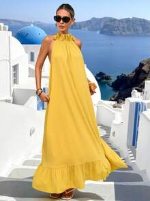 Vivid Eden 女士优雅性感3D立体花卉露背系带连衣裙，适合度假休闲穿着 - 黃色 - 查看 3