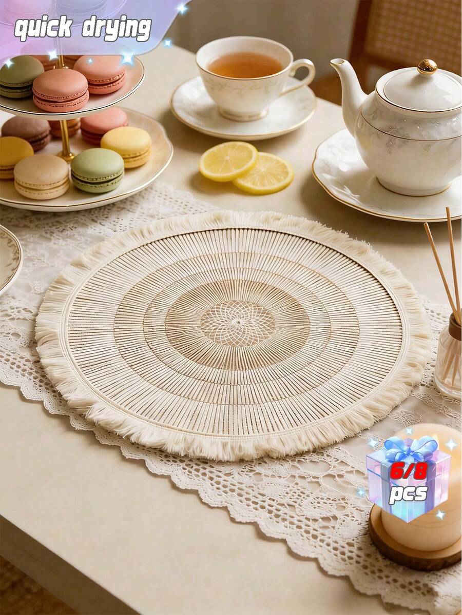 6pcs/8pcs Circular Edge Printed Linen Placemats - Multicolor - View 1