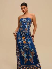 Travachic Women's Blue Strapless Knit Abstract Floral Print Symmetrical Pattern Boho Maxi Dress,Plus Size Summer Vacation Holiday Beachwear Outfits - Blue - View 12