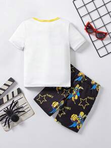 男童撞色针织圆领短袖T恤短裤套装，超级英雄数码印花舒适贴身两件套睡衣家居服套装，春夏款 - 黃色 - 查看 2