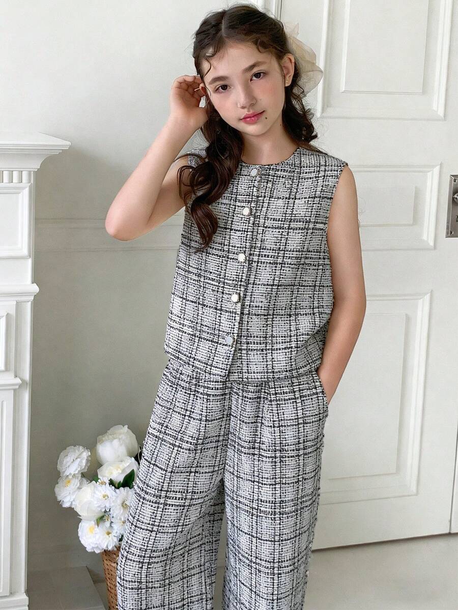 Hapijoa Tween Girls' Casual Plaid Single-Breasted Vest And Pants Set, Summer - Black and White - View 1