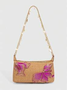 SHECARRY 1Pc Tropical Island Style Sequin Flower PU Shoulder Bag, Star & Shell Decor Beach Handbag For Summer Holiday Travel(The Small Pendants Are In A Separate Bag For DIY Use.) - Brown - View 1