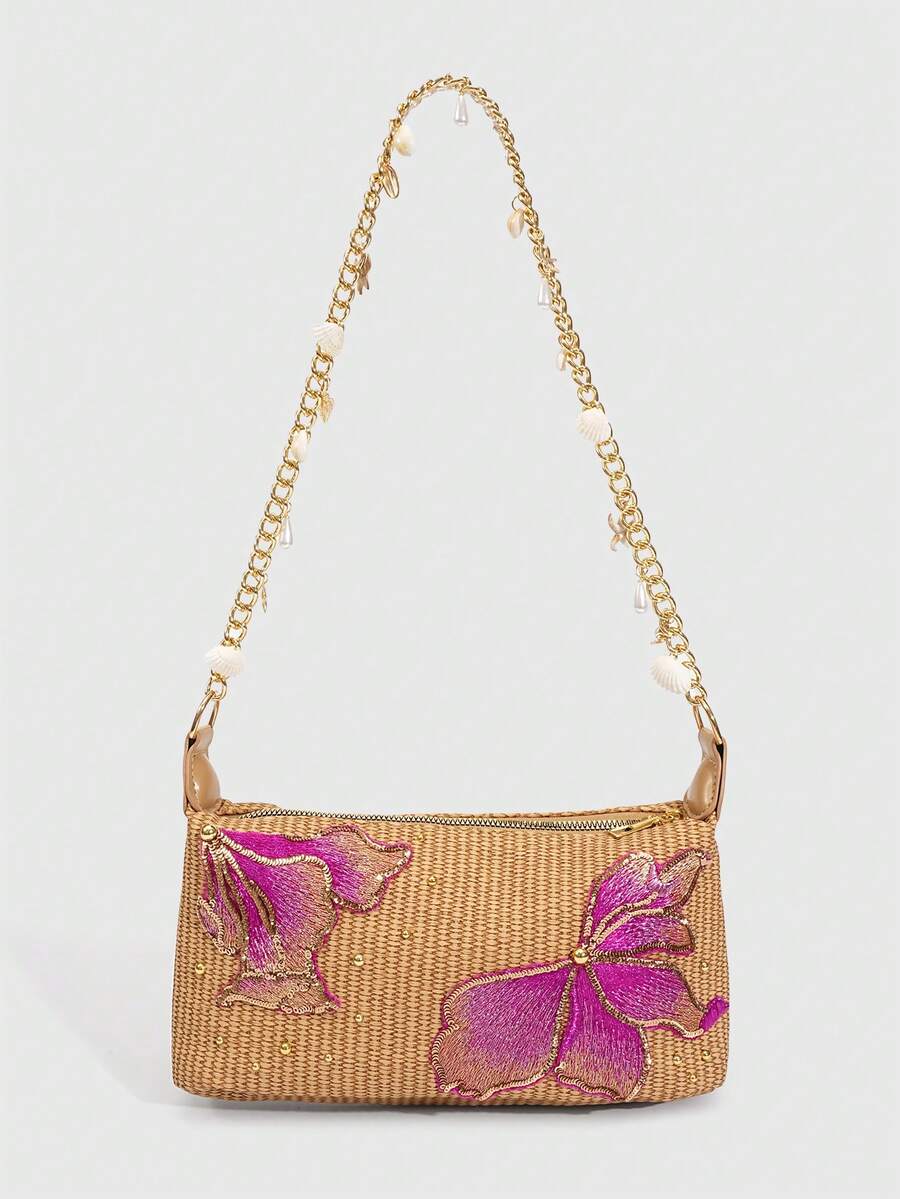 SHECARRY 1Pc Tropical Island Style Sequin Flower PU Shoulder Bag, Star & Shell Decor Beach Handbag For Summer Holiday Travel(The Small Pendants Are In A Separate Bag For DIY Use.) - Brown - View 1
