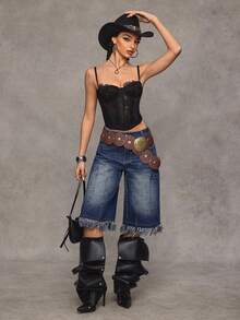 Jeanoix Quần jeans ống rộng nữ kiểu dáng Y2K với gấu quần rách tua rua. - Rửa tối - Xem 3