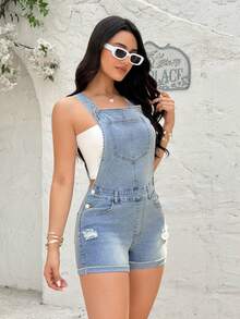 Rivivi Women's Casual Distressed Denim Bib Shorts With Pockets - Light Wash - View 3