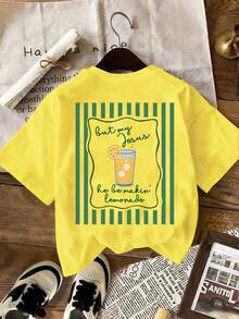 EMERY ROSE Women's Lemon Pattern T-Shirt - Casual Short Sleeve Top With "Lemon And Drink" Print, Round Neck, Spring/Summer Fashion Women's T-Shirt, Round Neck T-Shirt - Yellow - View 2