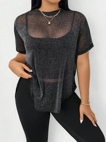 SHEIN Essnce 大码女装春夏时尚休闲高弹舒适日常显瘦亮面透视短袖上衣搭配黑色紧身牛仔裤两件套，夏季穿搭，街头服饰 - 黑色 - 查看 5