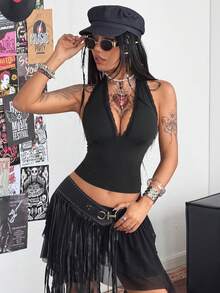 Coolane 女士春夏音乐会穿搭街头风 Y2K 基本款日常休闲撞色蕾丝 V 领露背短款上衣 - 黑色 - 查看 4