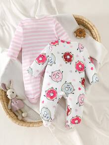 2 Stücke Neugeborenen Baby Mädchen Langarm Schlafanzug-Jumpsuit, süßer Donut Muster, weicher Strick-Jumpsuit, bequem für drinnen und Outdoor - Pink - Übersicht 2