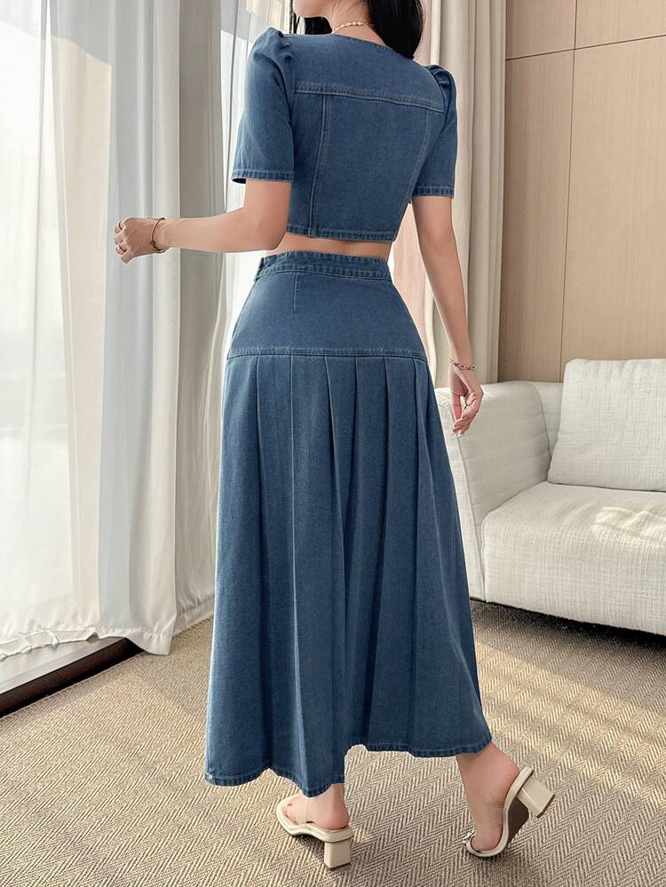 Women's Casual Washed Square Collar Faux Pocket Puff Sleeve Shirt And A-Line Denim Skirt Set, Summer