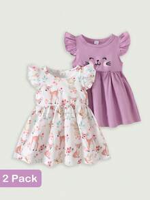 SHEIN Set de 2 vestidos de verano para niñas, vestido morado con mangas acampanadas, diseño lindo de cara de gato y estampado de conejo y animales del bosque - Morado - Ver 8
