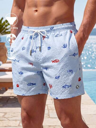 Horizaway Men's Ocean Creature Print Beach Shorts Light Blue Swim Trunks Men Shark Swim Trunks
