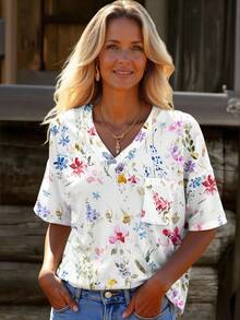 EMERY ROSE Watercolor Floral Casual Minimalist Plus Size T-Shirt, Suitable For Summer - Multicolor - View 6