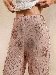 Easelle Pantalones rectos holgados de mujer con estampado bohemio con cuentas, rosa, verano - Rosa - Ver 6