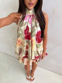 Aloruh 女士优雅浅黄色露背系带迷你连衣裙 - 黃色 - 查看 6