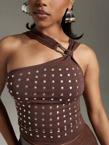 Denimoi Studded Halter Neck Sleeveless Top Sexy Tops Fashionable Spring & Summer GNO Concert Outfit - Black - View 2