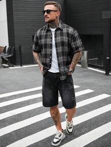 SLATEMANN Camisa casual de manga corta con un solo abotonado y estampado de cuadros para hombres - Multicolor - Ver 6