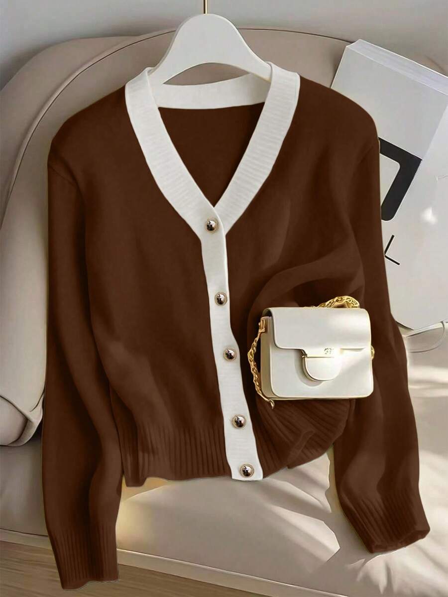 SHEIN Franclia 新款春秋季修身简约韩版撞色V领开衫,活力青春,百搭女款 - 巧克力棕 - 查看 1