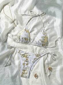 SHEIN Swim 女士夏季沙滩金色箔片图案露背系带性感比基尼泳装套装 - 白色 - 查看 1