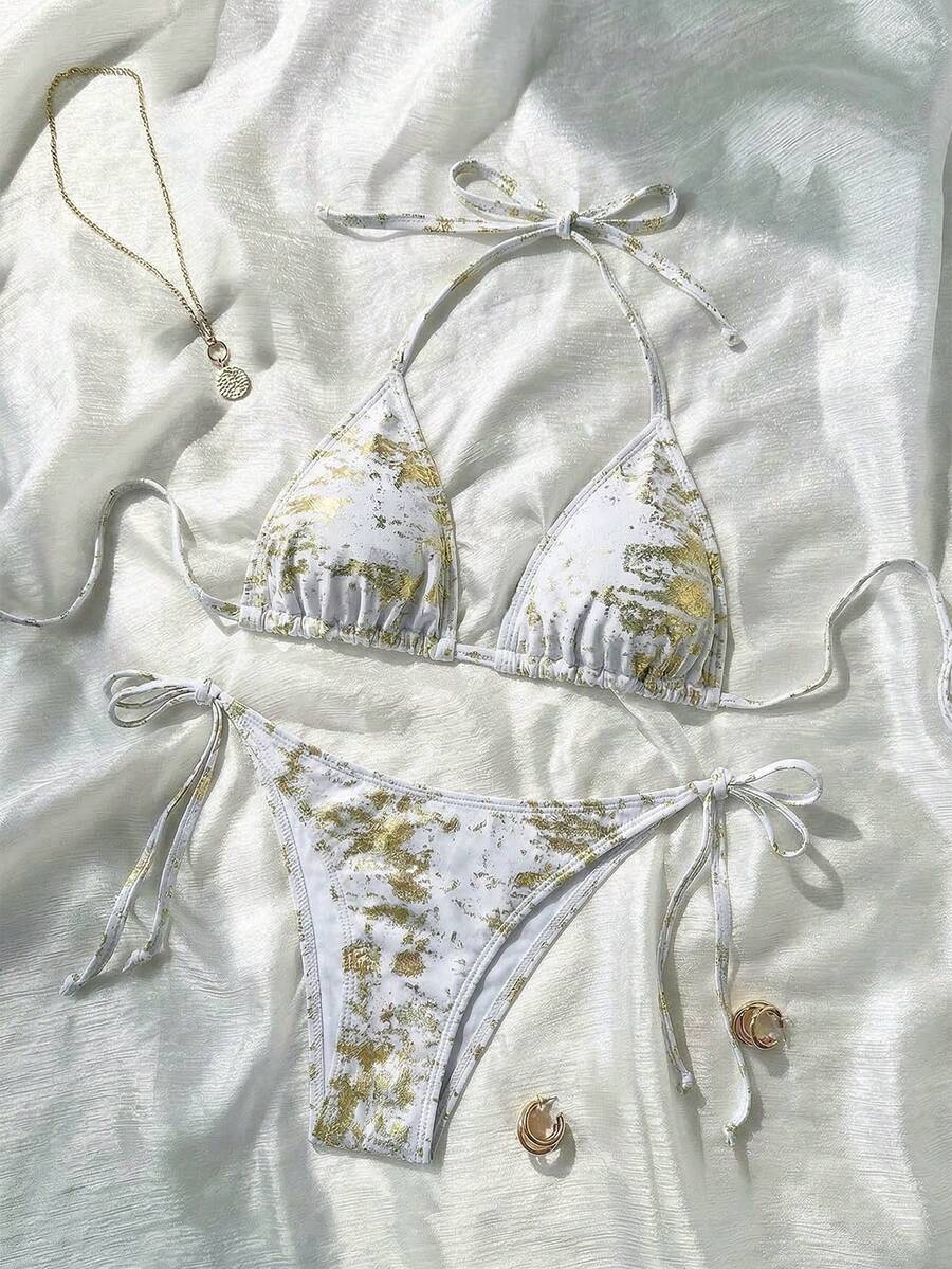SHEIN Swim 女士夏季沙滩金色箔片图案露背系带性感比基尼泳装套装 - 白色 - 查看 1
