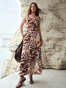 MOTF PREMIUM WOMEN'S LINEN ALL OVER PRINTED WAIST CINCHED FLARED DRESS, SPRING/SUMMER - Brown - View 1