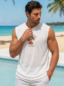 VIVINTIMO 男士热带字母印花图案休闲夏季无袖背心 - 白色 - 查看 3