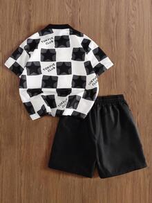 TOKVUE 男士休闲像素印花黑白短袖衬衫套装 - 紅白色 - 查看 2