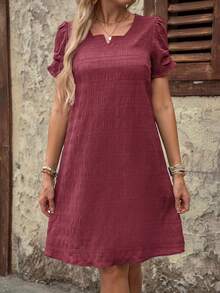 Medorina Women's Summer Casual Dress With Notched Neck And Short Sleeves - Dusty Pink - View 3