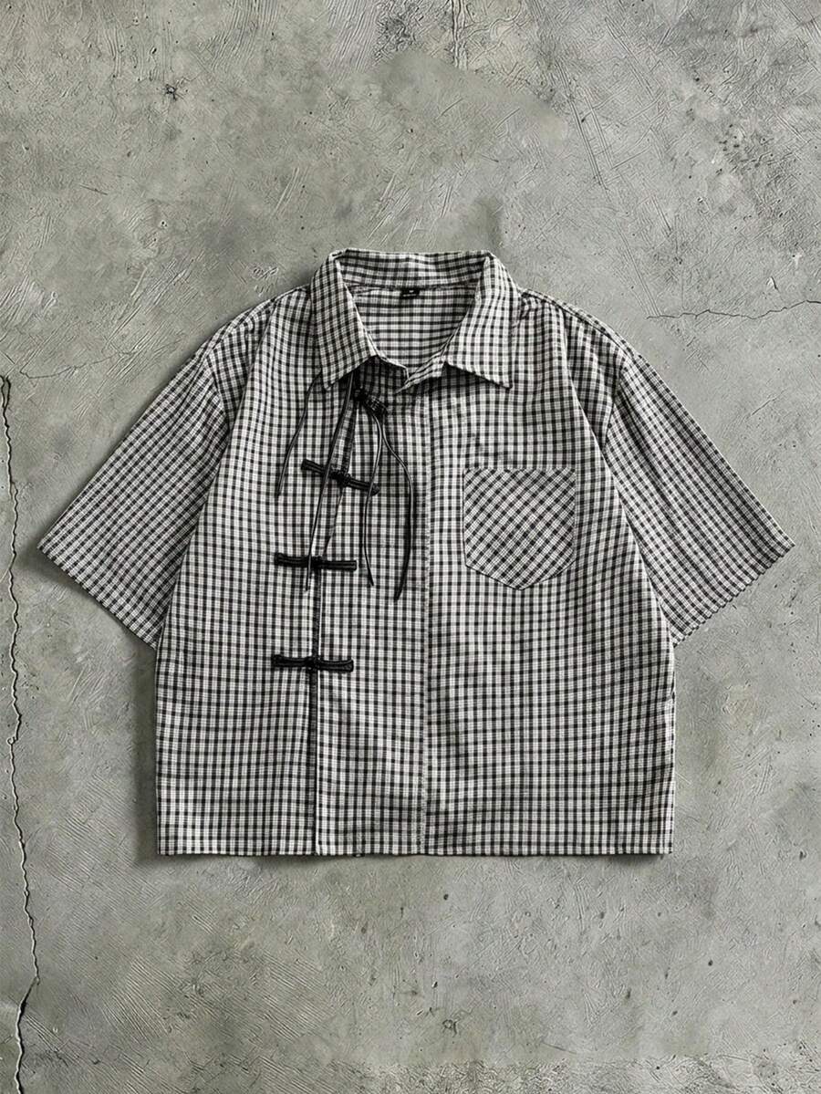 ROMWE MEN Street Life Camisa polo de estilo chino con cuello vuelto para hombres - Negro - Ver 1