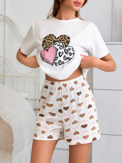 SHEIN Cottonline Women 2 Pcs Heart & Leopard Patterned Short Sleeve Round Neck Sleep Tee + Heart Leopard Patterned Shorts Sleep Bottom Casual Pajama Lounge Sets