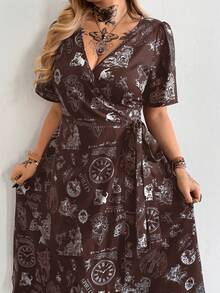 Whyspr Fashionable V-Neck Sexy Short Sleeve Waist Cinching Printed Dress - Brown - View 4