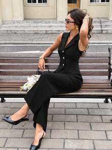 Serisse Conjunto de 2 piezas de chaleco de solapa moteado y pantalones de mujer - Negro - Ver 6