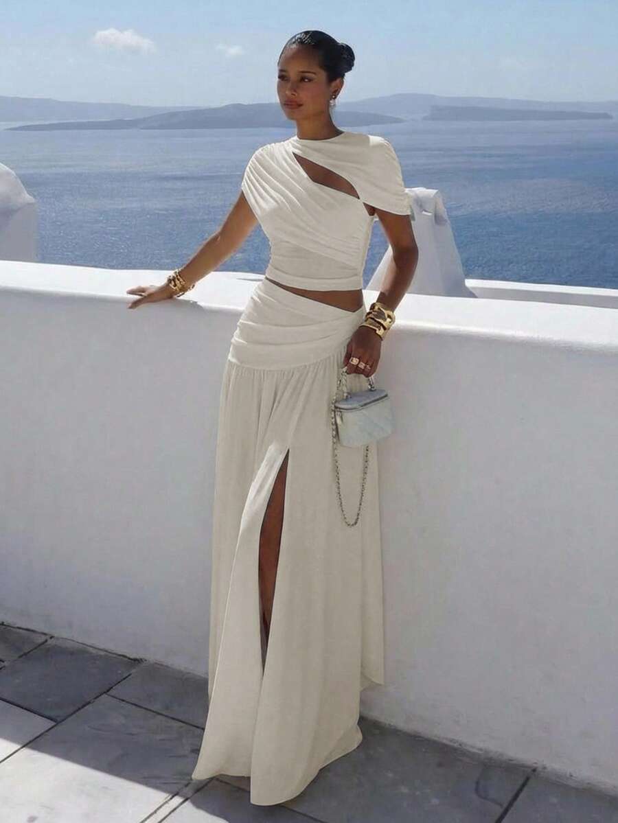 Aloruh 女士优雅纯色杏色不对称设计上衣和半裙两件套 - 杏色 - 查看 1