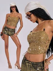ROMWE Country Spring/Summer Avant-Garde Vacation Sexy Y2K Subculture Sequin Crochet Women Camisole - Mocha Brown - View 1