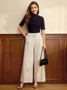 Vintamour Pantalon vintage classique élégant pour femme, fermeture à boutons ajustée avec poches, couleur beige, printemps/été - Nude - Voir 5