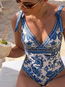 Swim Chiccia Women's Summer New Seaside Vacation Casual Elegant One-Piece Swimsuit, Floral Retro Print Sexy V-Neck Backless One-Piece Swimwear - Blue and White - View 7