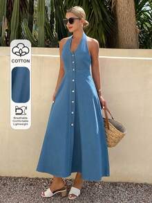 DAZY Women's Casual Washed V-Neck Sleeveless Denim Dress, Summer - Medium Wash - View 1