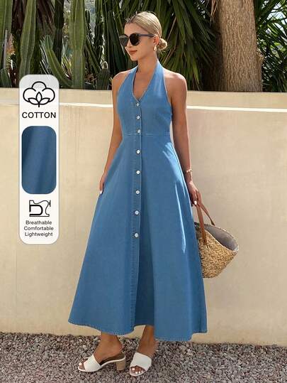 DAZY Vestido vaquero casual de mujer con cuello en V y sin mangas, para verano