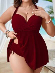 Swim Lushoire Vestido de traje de baño con escote halter y espalda cruzada en unicolor para tallas grandes - Burdeos - Ver 6