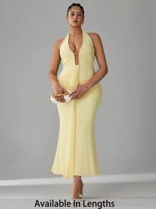 SHEIN Tall CURVE Plus Size Elegant Sexy Solid Color Backless Halter Fishtail Dress - Yellow - View 1