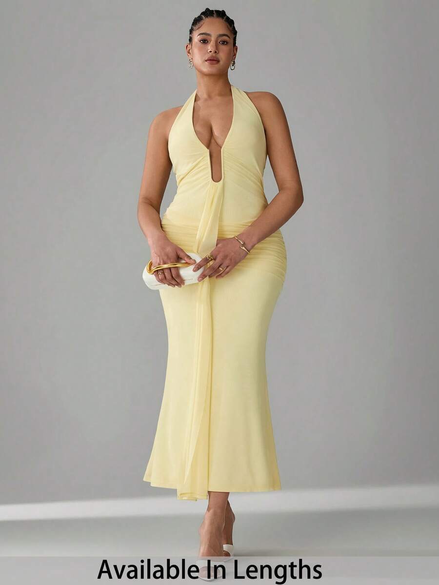 SHEIN Tall CURVE Plus Size Elegant Sexy Solid Color Backless Halter Fishtail Dress - Yellow - View 1