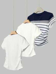 Bộ 3 áo thun nữ tuổi teen, họa tiết hoa xanh, họa tiết sọc xanh trắng, phù hợp để phối đồ hàng ngày, thích hợp cho mùa xuân, hè, thu, thoải mái cho cả nữ và nữ, phù hợp để mặc hàng ngày, đi chơi, dáng ôm, sọc, họa tiết hoa. - Nhiều màu - Xem 2
