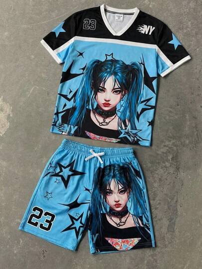 Bộ đồ 2 mảnh gồm áo thun ngắn tay cổ tròn dáng rộng và quần short dáng rộng in hình hoạt hình graffiti phong cách đường phố dành cho bé trai, thích hợp cho mùa xuân/hè.