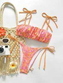 Swim Mod Women's Swimwear Set, Floral Striped Tie-Front, 2 Pieces Summer Holiday Beach Outfit - Multicolor - View 1