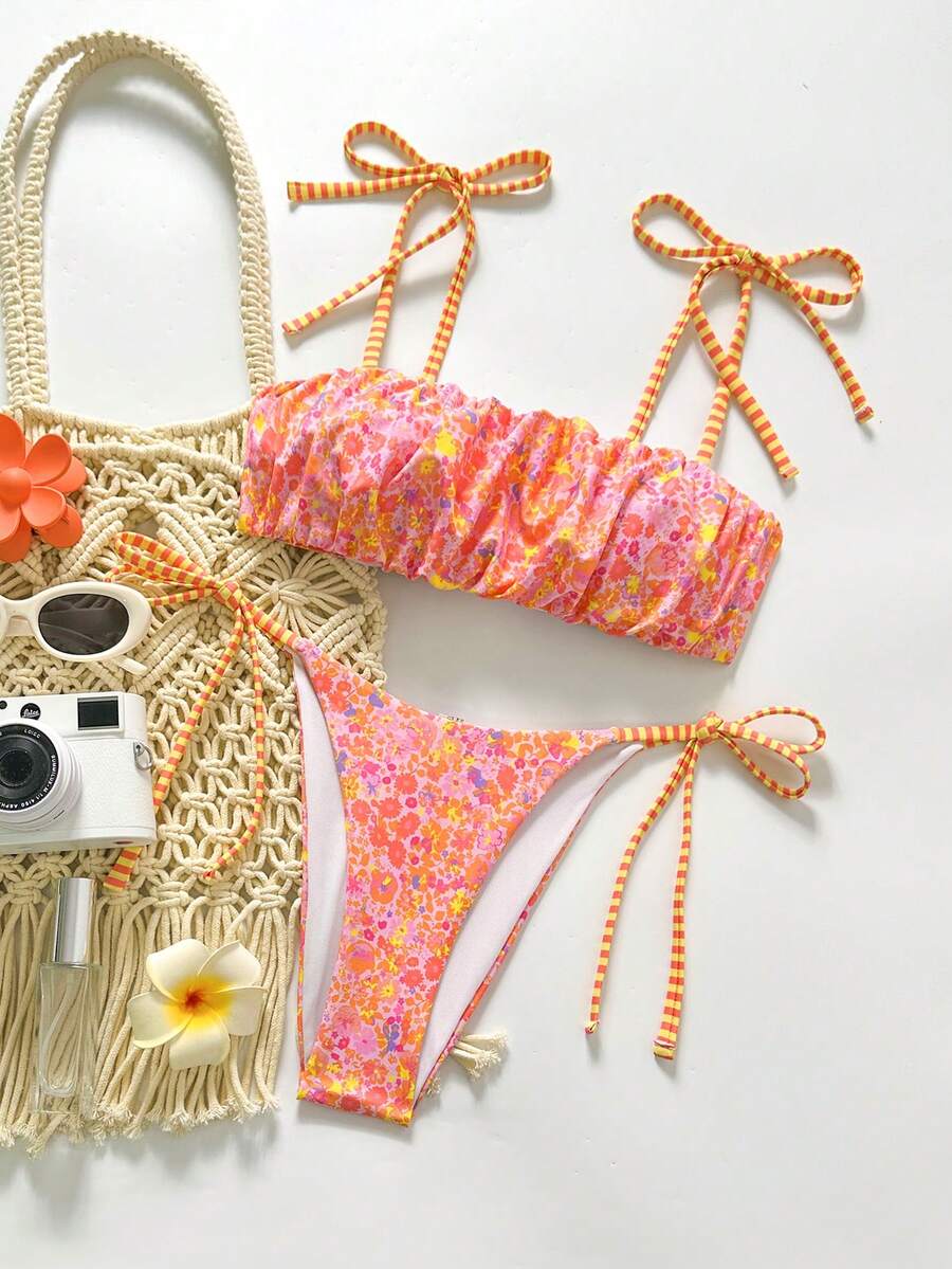 Swim Mod Women's Swimwear Set, Floral Striped Tie-Front, 2 Pieces Summer Holiday Beach Outfit - Multicolor - View 1