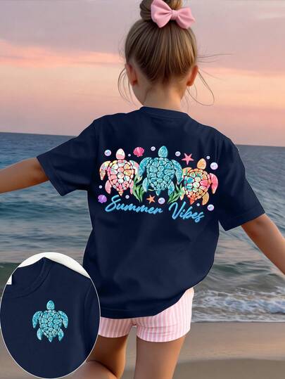 Spring And Summer Colorful Sea Turtle, Seashell, Starfish Graphic Print Casual Black Short T-Shirt, Comfortable Daily Wear For Girls