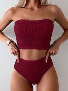 Swim Basics 女款夏季海灘度假純色平口時尚比基尼泳衣套裝 酒紅色 - 紅色 - 查看 2