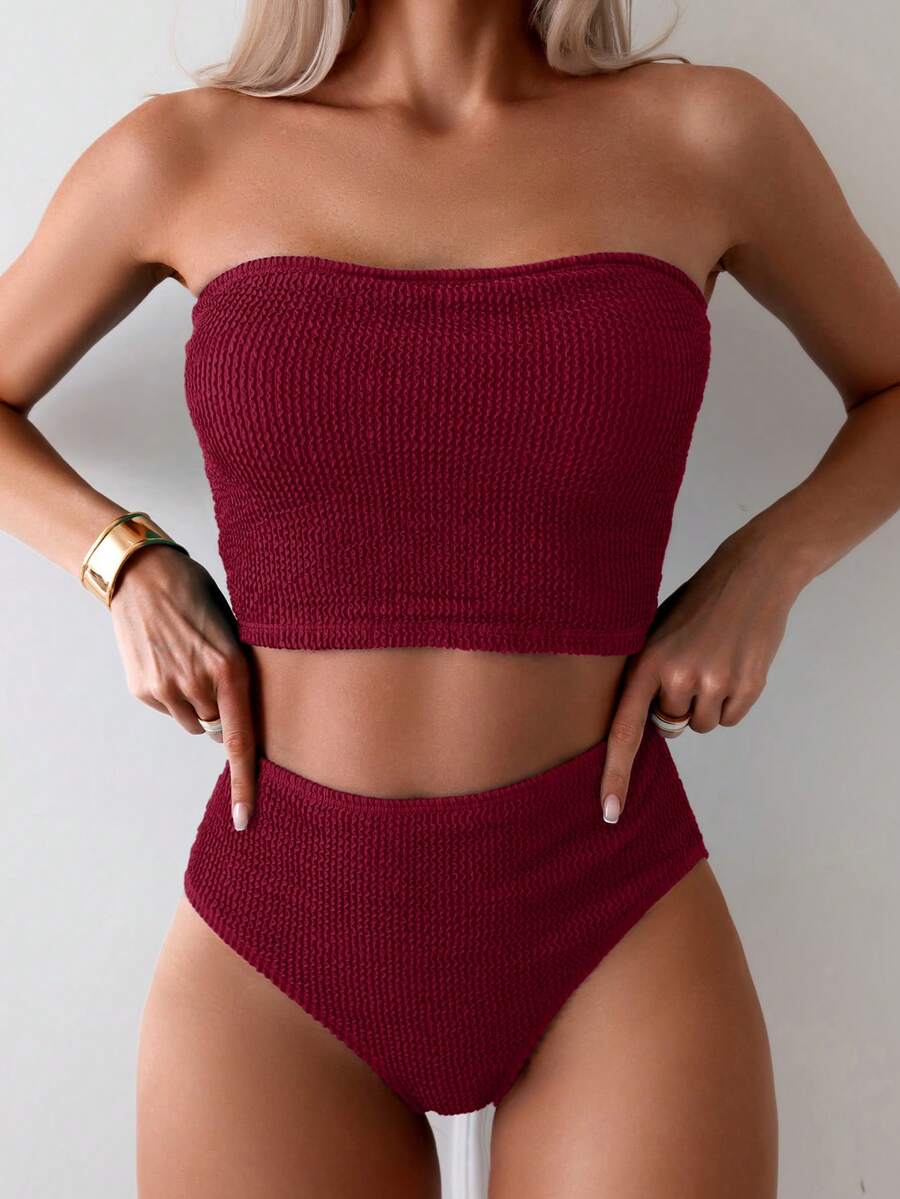 Swim Basics 女款夏季海灘度假純色平口時尚比基尼泳衣套裝 酒紅色